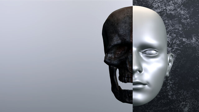 KI abstraktes Gesicht. Neuronales Netzwerk & maschinelles lernen. Verarbeiten von riesigen Datenmengen. IoT, DeepFake, Virtueller Assistent. 3d Illustration Hintergrund