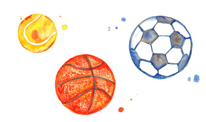 Illustration watercolor balls sport with tennis ball, basketball and soccer ball
 