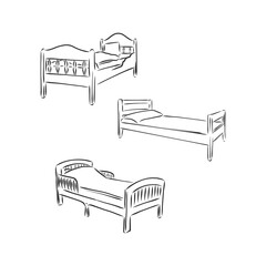 Black outline vector Bed on white background. bed vector sketch illustration