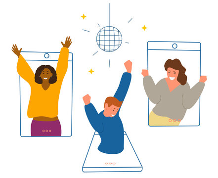 Online Dance Party During Quarantine Concept Flat Vector Illustration. Happy People Of Different Ethnicity Dancing In Smartphones.