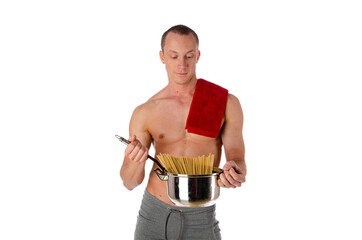 Sexy shirtless young chef or waiter posing, wearing black apron on naked body, isolated on white background. 