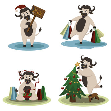 Holiday vector illustrations of christmas bull 2021