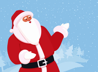 The cute Santa Claus showing something by his hand. Winter forest landscape in the background. A template with copy space for text. A vector cartoon illustration.