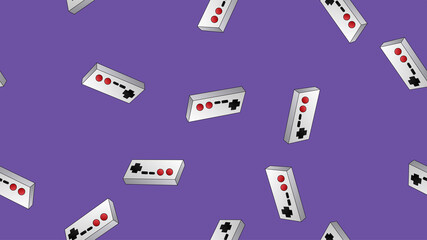 Seamless pattern of retro old hipster game consoles and joysticks texture from the 70s, 80s, 90s, 2000s on a purple background