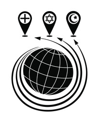 Three world religions concept. Islam, Christianity, Judaism. Black vector icon. 