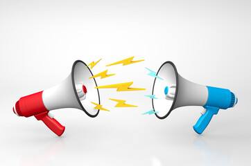 Two megaphones shout at each other. Conflict and discussion. 3d render