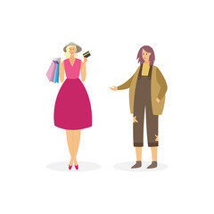 Cartoon characters of sad poor and happy rich young women a vector illustration.