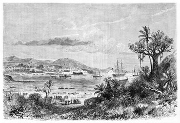 Large seascape with ships sailing off on the gulf of Nosy Be, little island of the northwest coast of Madagascar. Ancient grey tone etching style art by B�rard, Le Tour du Monde, 1861