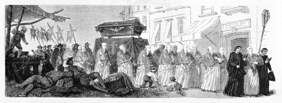 funeral procession with tunic people bringing coffin on top among Naple street. Ancient grey tone etching style art by Ros� and Maurand, Le Tour du Monde, 1861