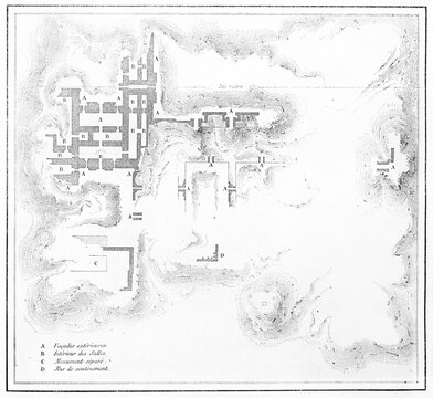 Old plan of Nineveh ruins. Map and vintage captions. Ancient grey tone etching style art by Flandin, Ehrard and Bonaparte, Le Tour du Monde, 1861