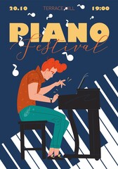 Vector cartoon flat character music band,jazz,rock,blues stylish banner poster web online concept.Musician plays piano instrument on abstract background-festival,concert,night club flyer