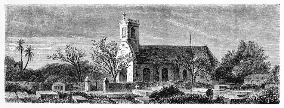 Countryside church and cemetery at sunset in Pamplemousses, Mauritius. Ancient grey tone etching style art by B�rard, Le Tour du Monde, 1861