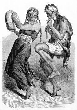Two full body charming Patagonian dancers playing flute and tambourine with captivating facial expression. Ancient grey tone etching style art by Gauchard and Castelli, Le Tour du Monde, 1861