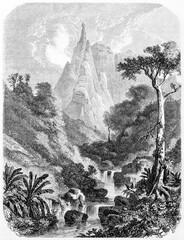 pointed mountain Peter Booth far in the distance behind luxuriant landscape with torrent vertical arranged, Mauritius. Ancient grey tone etching style art by B�rard, Le Tour du Monde, 1861