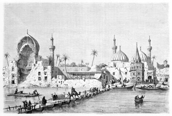 pontoon bridge on river in Baghdad warm cityscape with arabian architecture houses. Ancient grey tone etching style art by Rord�, Le Tour du Monde, 1861