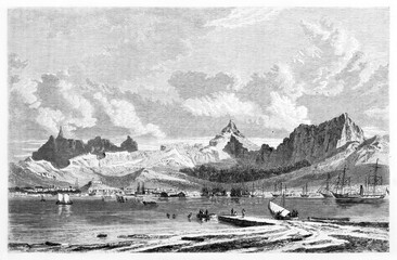 Large overall view of Port Louis, capital city of Mauritius, from opposite rocky shore. Mountains far in the distance. Ancient grey tone etching style art by B�rard Le Tour du Monde, 1861