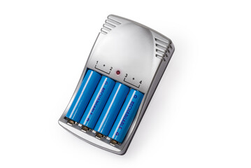 Smart battery charger with inserted rechargeable AA batteries, top view