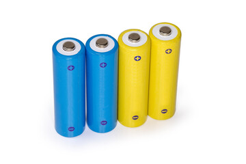 Rechargeable AA batteries different colors on a white background