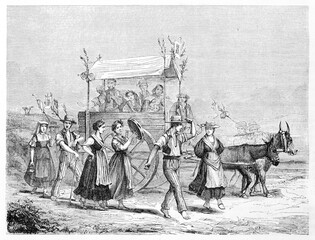 Neapolitan country people coming back by carriage happy from a feast. Ancient grey tone etching style art by Bergue, Le Tour du Monde, 1861