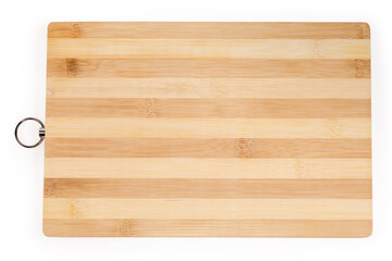 Bamboo cutting board with metal ring for hanging, top view