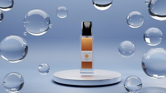 3D animation of cosmetic glass bottle with black lid on podium,container with liquid tonal moisturizing natural cream,face make-up base or gel polish.Packaging is on blue background with water bubbles