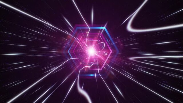 High speed of digital hexagram lights loop, neon glowing rays in motion into digital technology tunnels. Wormhole through time and space, warp through science fiction. Abstract jump in space.