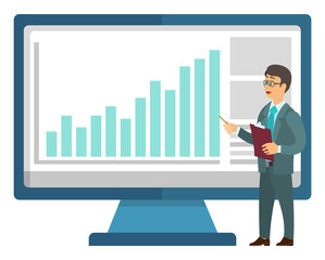 Worker presenting financial infographic on monitor of computer. Presenter communication with pc, marketing technology, investment statistic, report vector