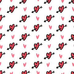 Beautiful red hearts pierced by an arrow isolated on white background. Cute seamless pattern. Vector flat graphic hand drawn illustration. Texture.
