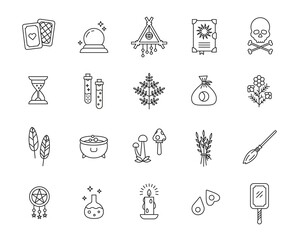 Witchcraft outline icon collection. Mystery and magic objects: tarot, magic ball, spell book, candle, hourglass, feathers, herbs, cauldron, flasks, mushrooms, broom, skull with bones, etc.