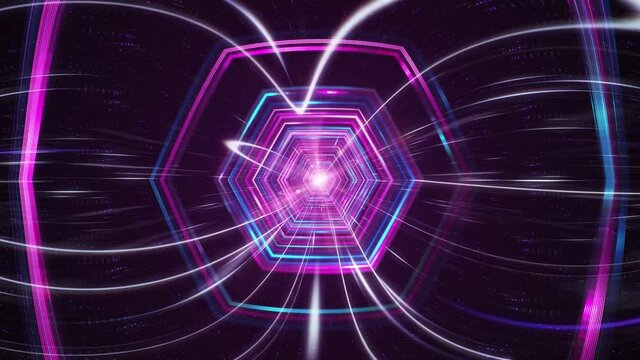 High speed of digital hexagram lights loop, fisheye lens, neon glowing rays in motion into digital technology tunnels. Wormhole through time and space. Abstract warp jump in space.