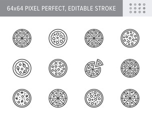 Pizza line icons. Vector illustration included icon as slice, pepperoni, margarita, vegetarian restaurant. Outline pictogram for pizzeria. 64x64 Pixel Perfect Editable Stroke