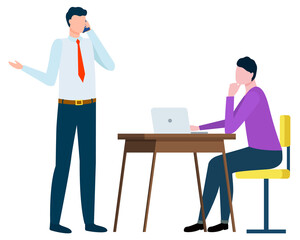People working on project together vector, boss director with employee. Person sitting by table with laptop, thinking team, ceo talking on phone illustration in flat style design for web, print