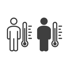 Control de temperatura. Icono hombre con termómetro con lineas y relleno en color gris