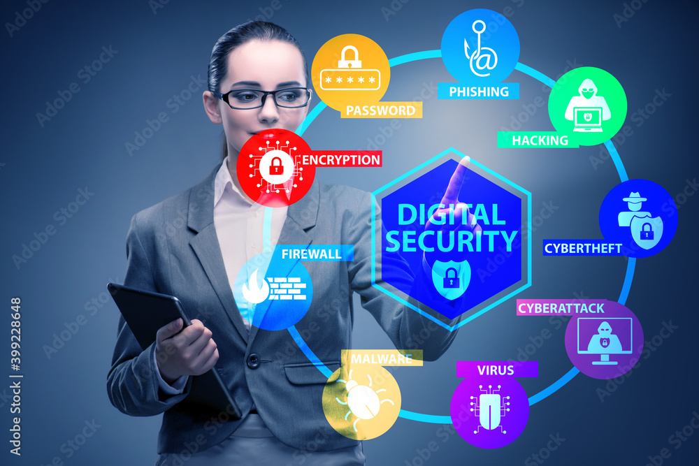 Poster digital security concept with businessman pressing button