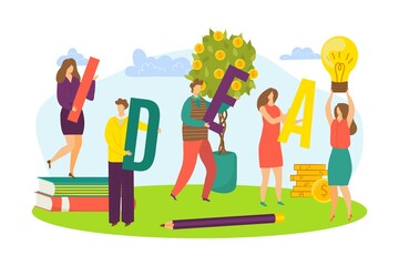 Team people with ideasymbol sign, vector illustration. Business creativity teamwork design concept, creative work technology background. Flat innovation light bulb, cartoon person brainstorm.