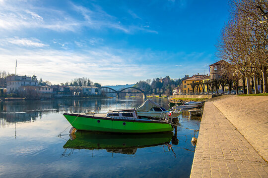 Fishing boats on Adda River in Brivio Town of Italy