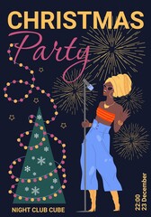 Vector cartoon flat character girl singing,Christmas party flyer for social media post concept,web banner stories,music night poster ad on christmas tree and fireworks background
