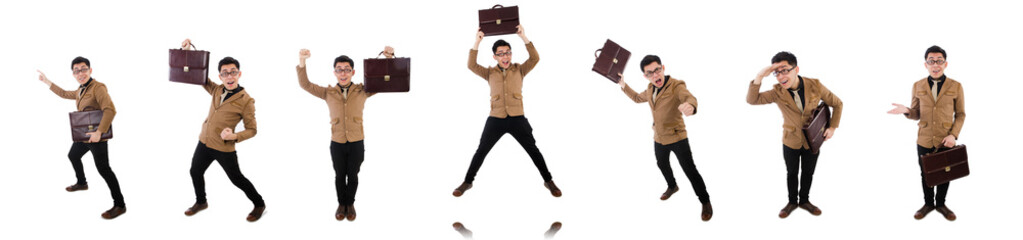 Young man with brown briefcase isolated on white