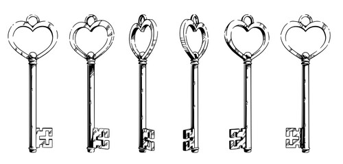 Sketch of a key in the shape of a vintage heart shape from different angles.