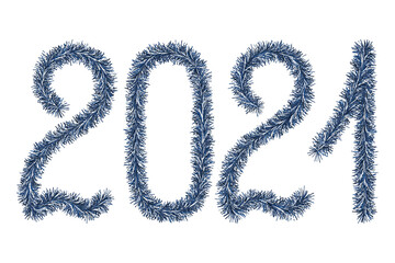 Tinsel. 2021. Lettering from a holiday decoration. Fluffy numbers. Vector illustration. Isolated white background. Cute plush message. The coming year. Rustling lettering. Idea for web design, banner.