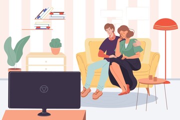 Vector cartoon flat happy family characters,trendy young people,girl and boy watching TV indoors at home - communication,emotions,love,healthy family social concept
