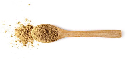 Ginger powder in wooden spoon (Zingiber officinale) isolated on white background, top view
