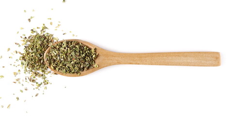 Dry oregano spice in wooden spoon isolated on white background, top view