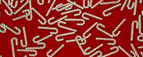 pile of Christmas candy canes scattered on the floor, panoramic view, on red background, minimalistic concept , flat lay, 3d render