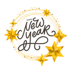 Happy New Year 2021 Beautiful greeting card poster with calligraphy black text word gold fireworks. Hand drawn design elements. Handwritten modern brush lettering white background isolated vector