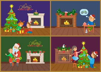 Children in room with fireplace decorated needles and pine cones, adorned fir-tree, boy writing letter to Santa . Merry Christmas greeting card vector