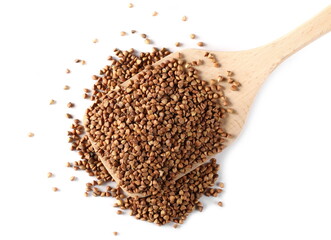 Unpeeled buckwheat seeds in wooden spoon isolated on white background, top view