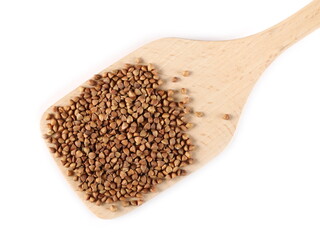 Unpeeled buckwheat seeds in wooden spoon isolated on white background, top view