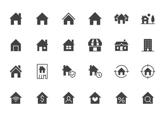 Home flat icons set. House, residential building, homepage, property mortgage black minimal silhouette vector illustrations. Simple flat glyph sign for web real estate app