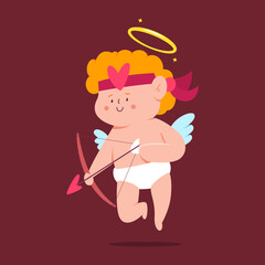 Cute cupid with bow and arrow vector cartoon character isolated on background.
